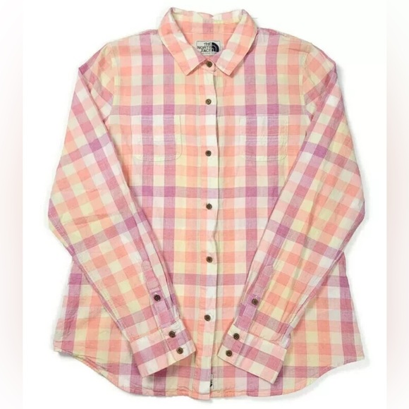 The North Face Tops - The North Face Womens M Button Up L/S Casual Shirt Roll Sleeves Pink White Check
